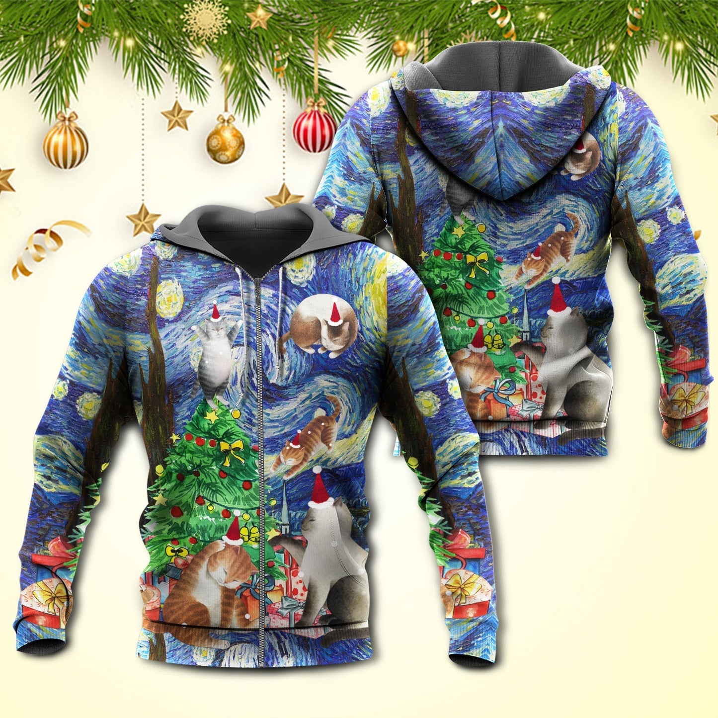 Christmas Cat Playing Starry Night Hoodie For Seasonal Parties Casual Wear And Thoughtful Holiday Gifts