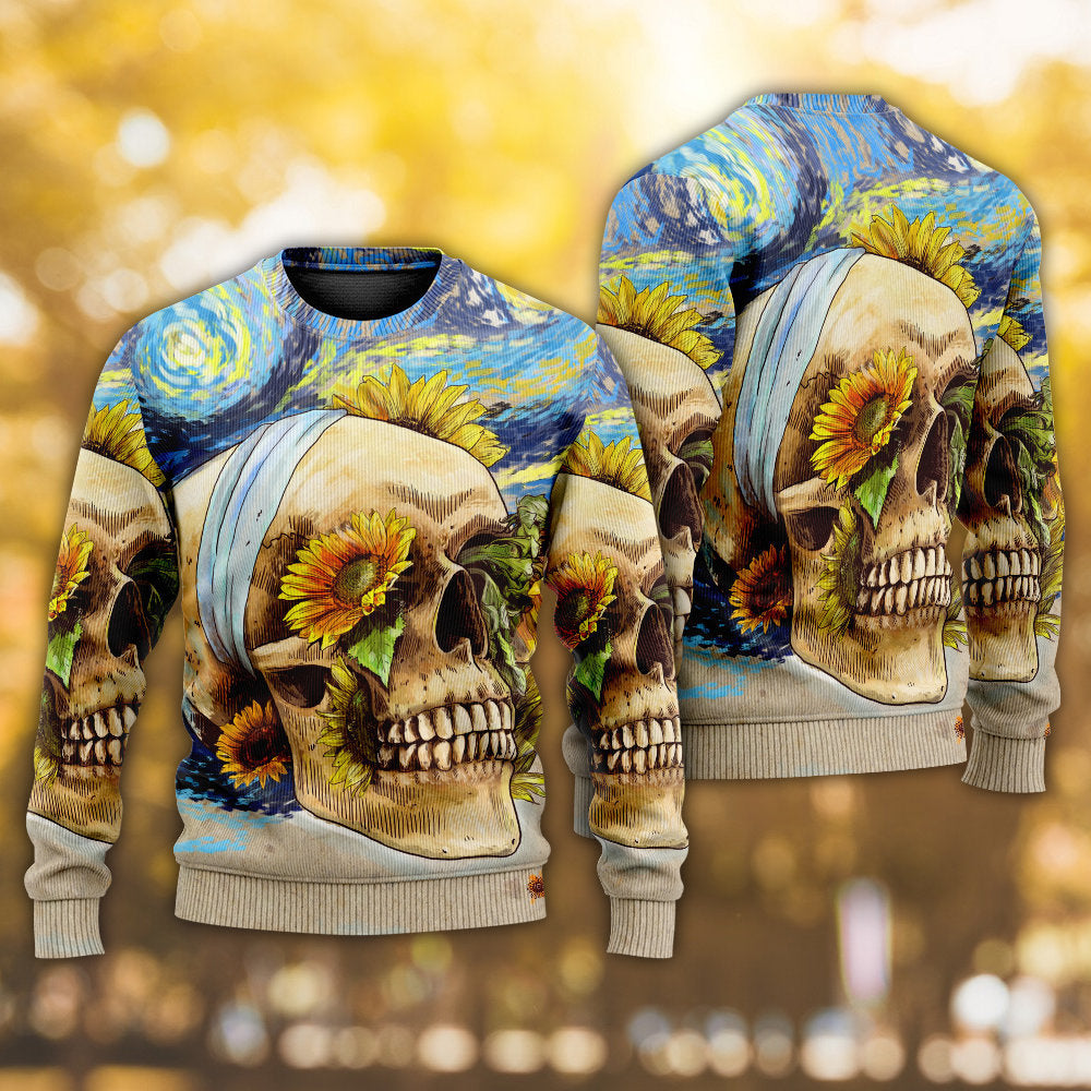 Skull And Sunflower Vintage Starry Night Sweater For Art Lovers Holidays Parties And Comfortable Wear