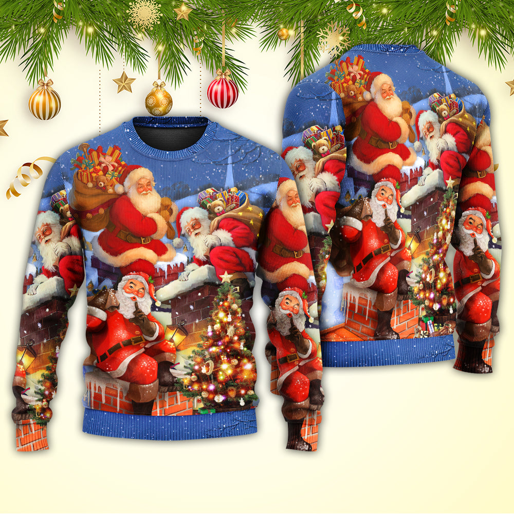 Christmas Santa Up On Rooftop Sweater For Family Gatherings Winter Travel And Everyday Seasonal Comfort