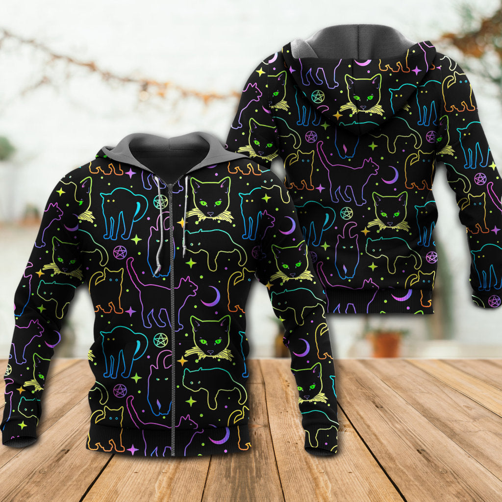 Neon Colorful Cat Playing Kitten Hoodie For Animal Enthusiasts Outdoor Activities And Daily Wear