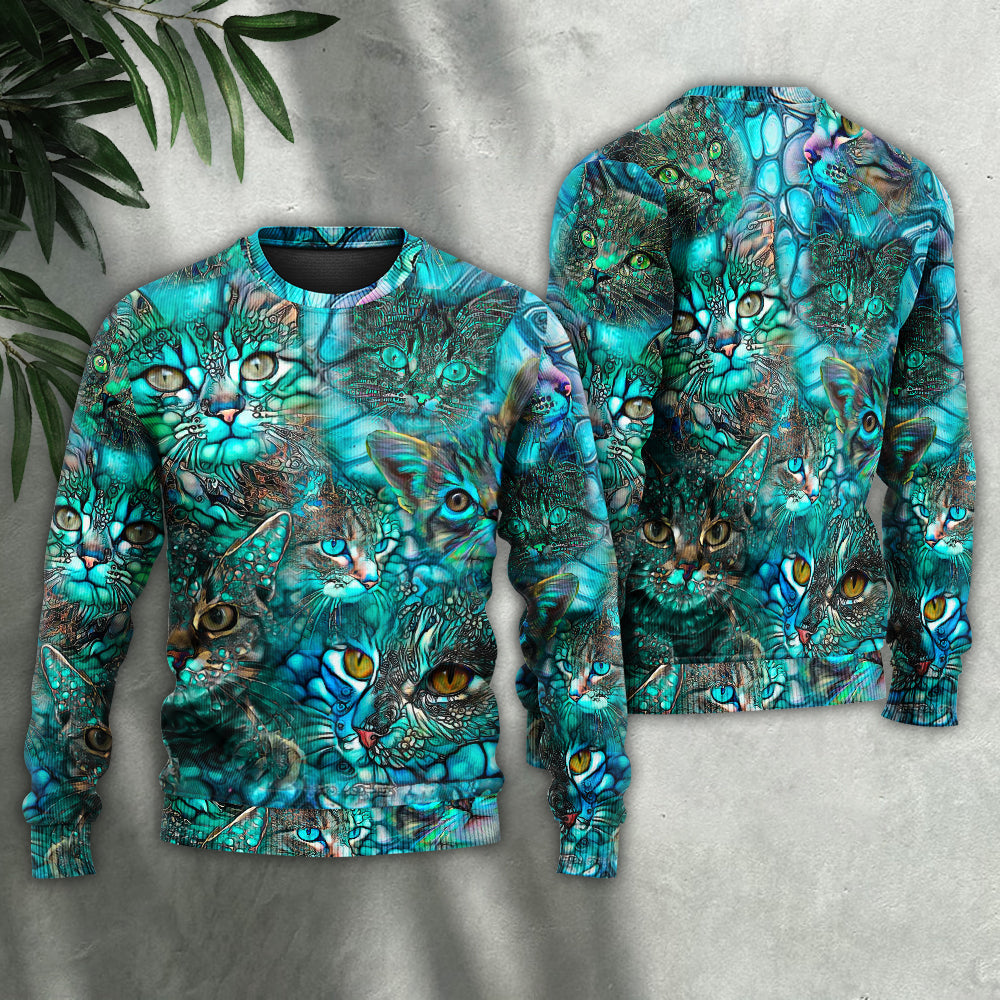 Blue Colorful Cat Sweater For Animal Lovers Casual Wear Holidays And Thoughtful Gifting