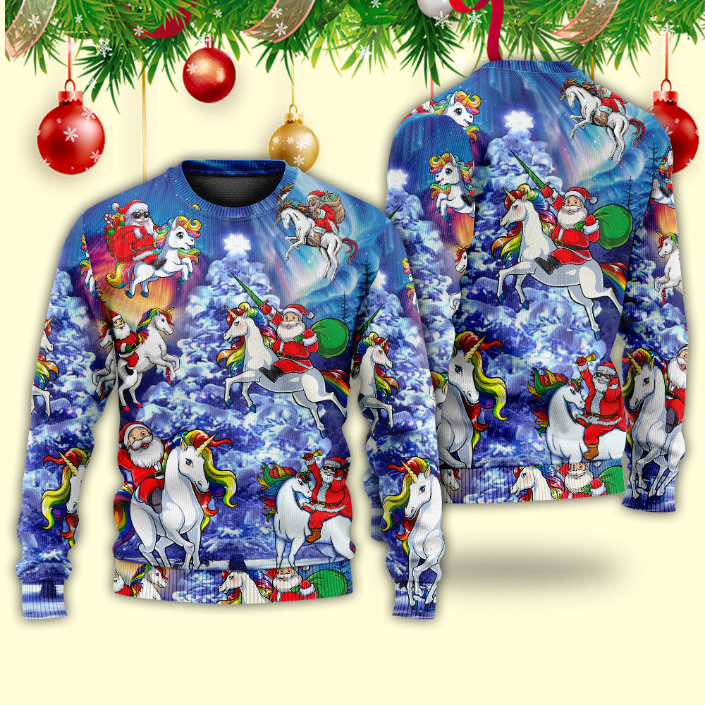 Christmas Santa Riding Unicorn Rainbow Night Sweater For Winter Parties Seasonal Adventures And Relaxed Everyday Styling