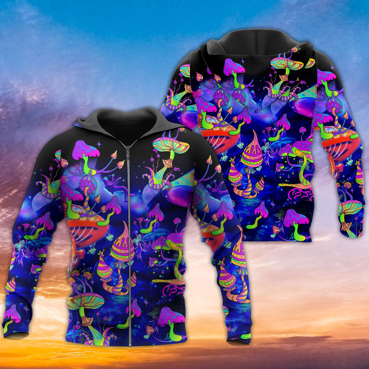 Neon Mushroom Galaxy Hoodie For Colorful Streetwear Festivals And Comfortable Daily Wear