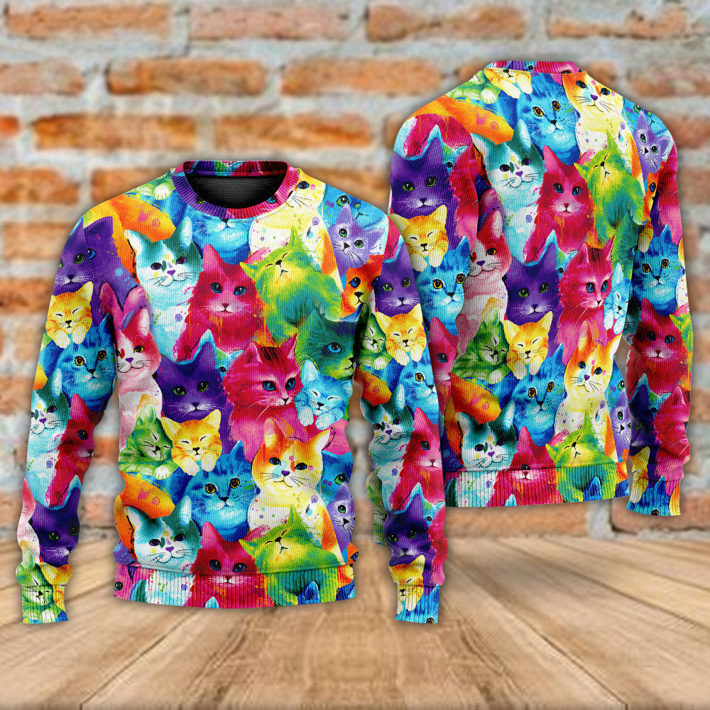 Colorful Cute Kitten Happy Sweater For Animal Inspired Style Events And Comfortable Daily Wear