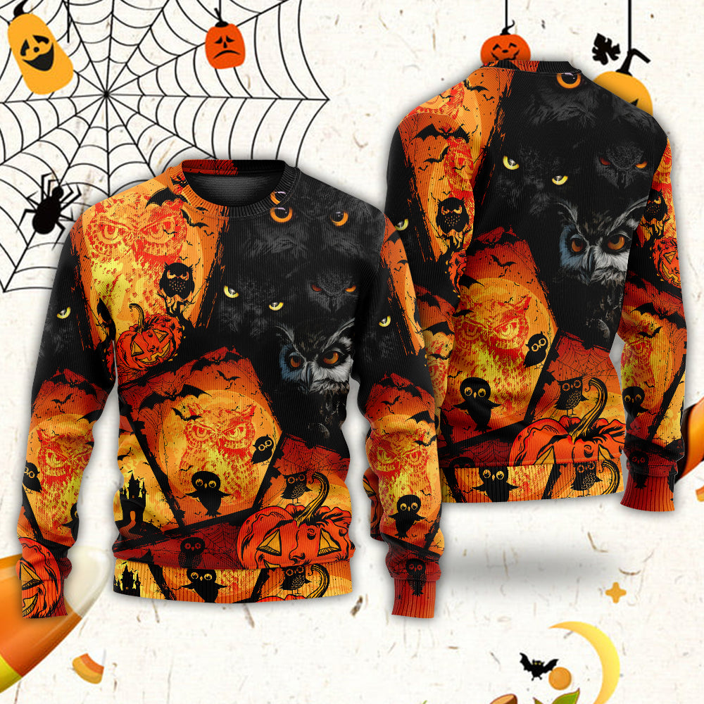Halloween Owl Pumpkin Night Sweater For Art Lovers Holidays Parties And Comfortable Wear