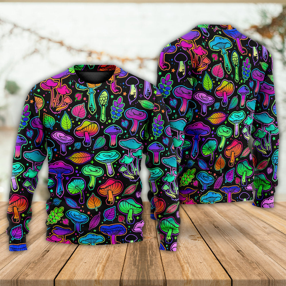 Neon Colorful Mushroom With Leaf Sweater For Festival Adventures Vacations And Relaxed Daily Styling