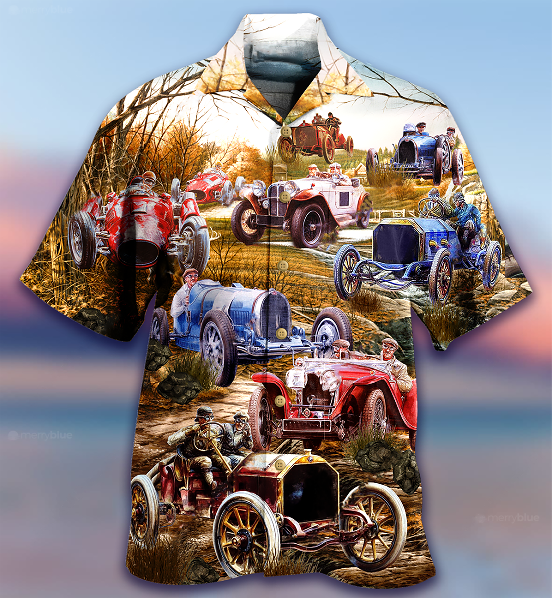 Vintage Classic Car Hawaiian Shirt With All Over Print For Island Holidays Summer Parties And Casual Outdoor Wear