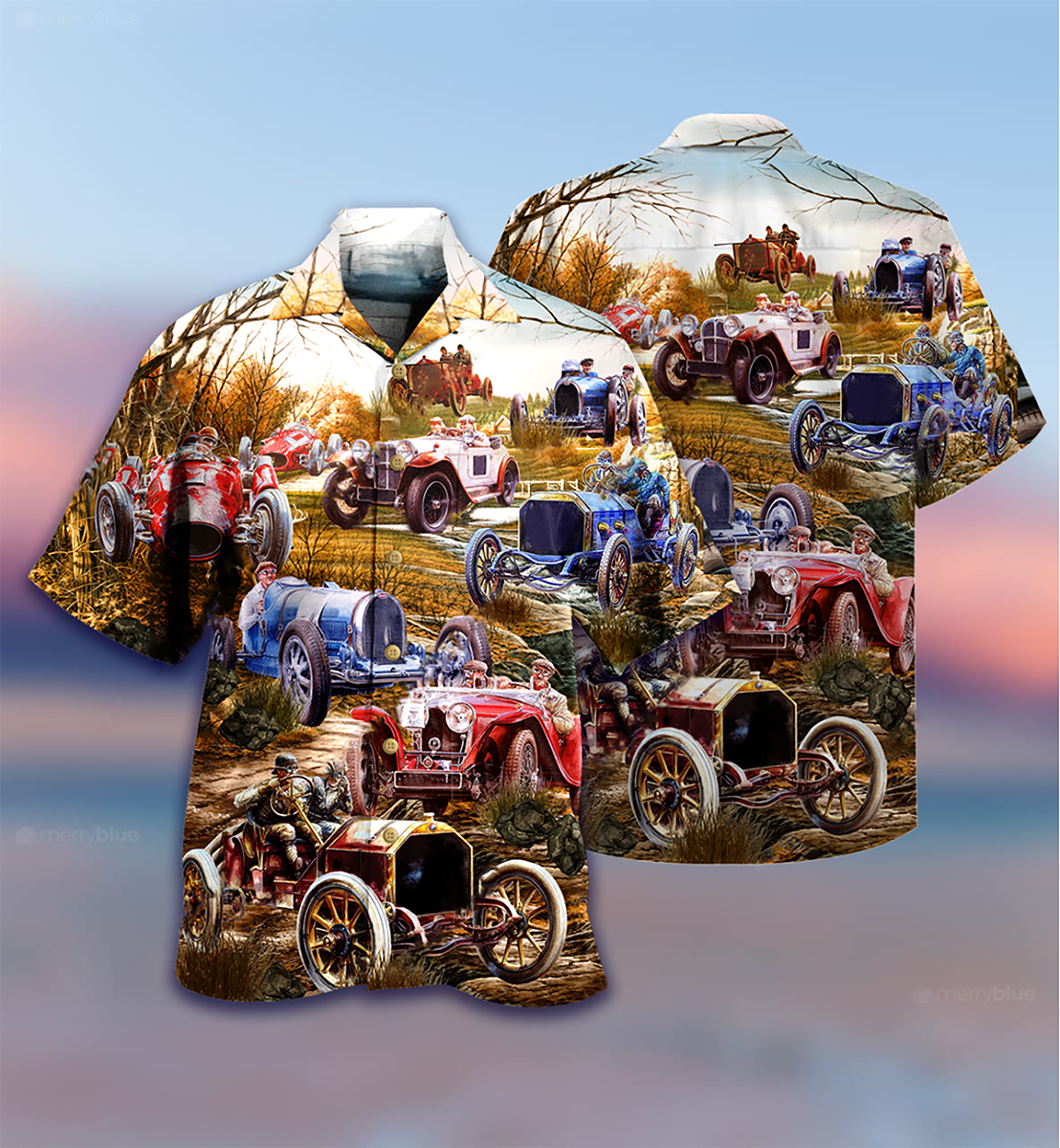 Vintage Classic Car Hawaiian Shirt With Detailed Graphic For Island Holidays Summer Parties And Casual Outdoor Wear