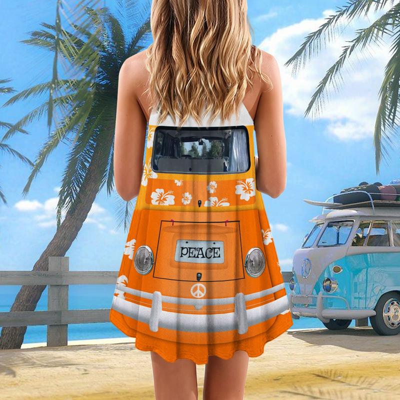Hippie Van Retro V-Neck Sleeveless Cami Dress For Boho Festivals And Relaxed Summer Style