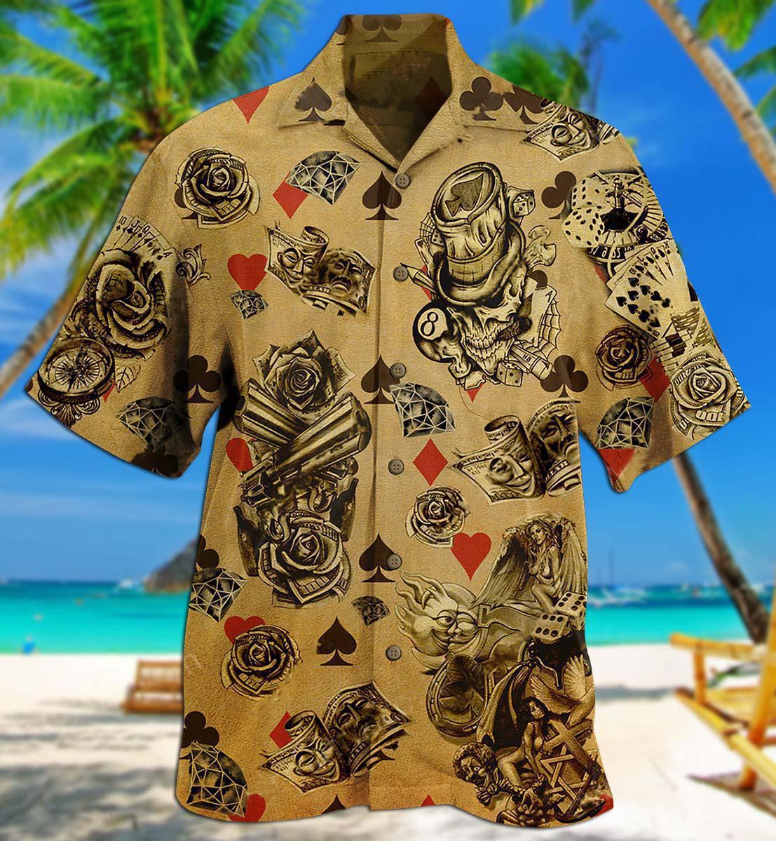 Floral Casino Cards And Skull Hawaiian Shirt With All Over Print For Coastal Trips Outdoor Events And Relaxed Summer Wear