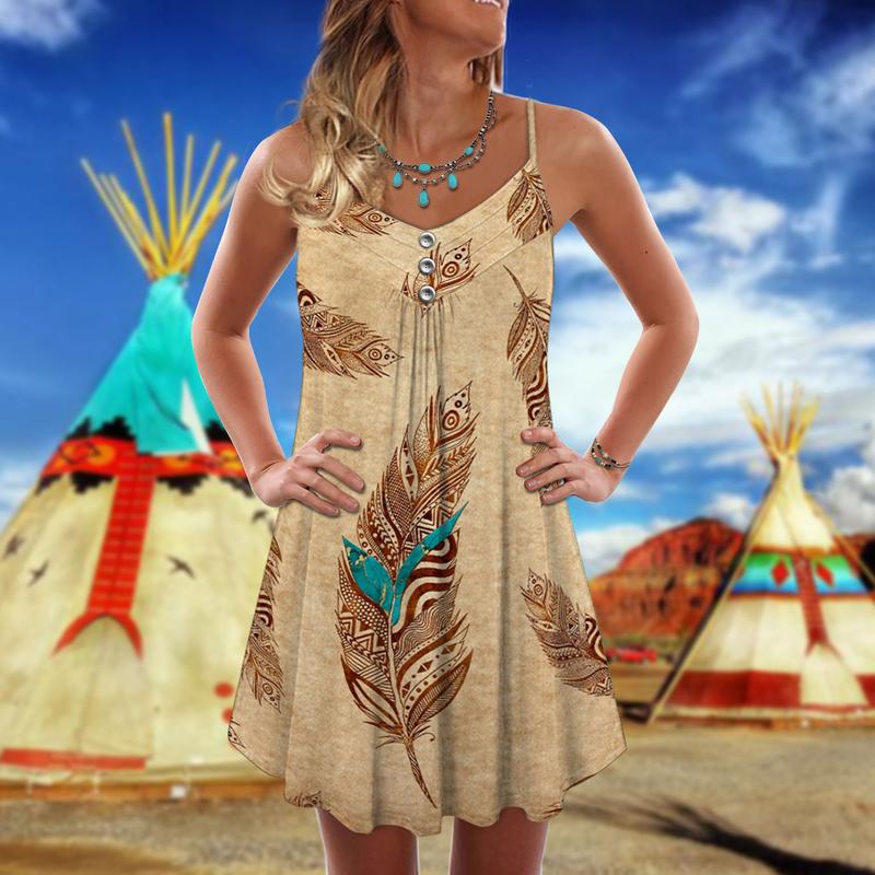 Native Peaceful Feather V-Neck Sleeveless Cami Dress For Parties And Relaxed Everyday Styling