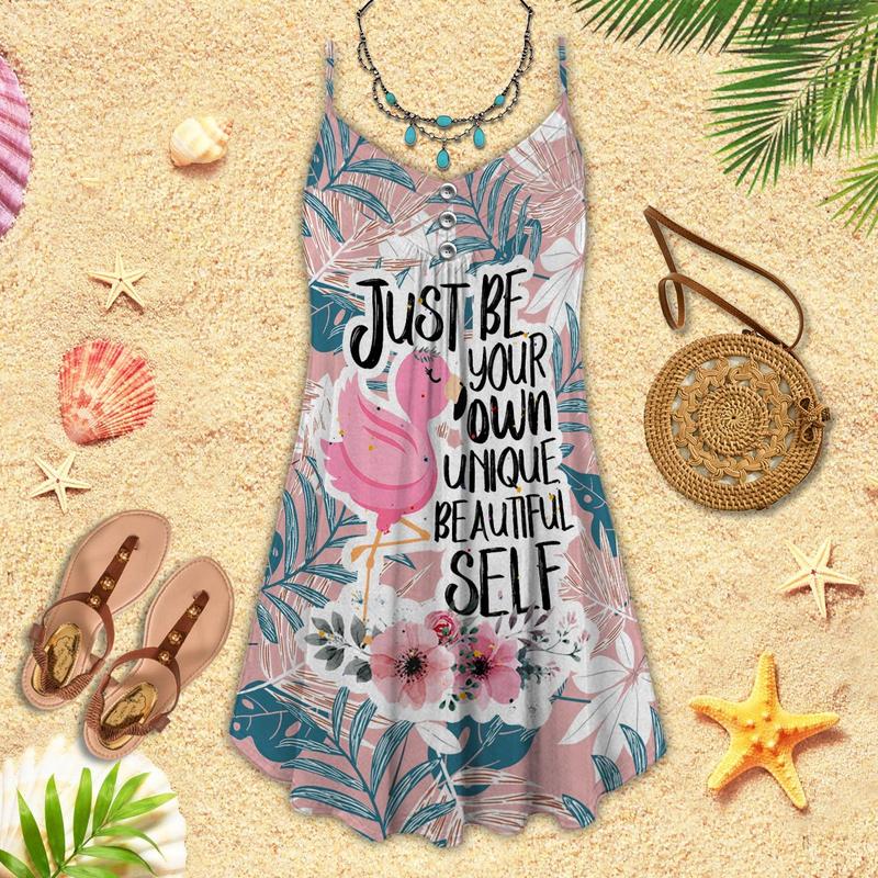 Flamingo Loves Tropical Relax V-Neck Sleeveless Cami Dress For Beach Trips And Resort Vacations