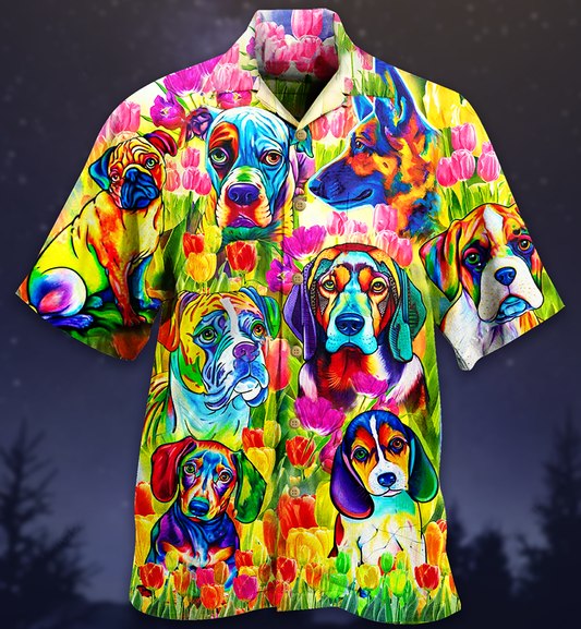 Colorful Dogs Tulips Hawaiian Shirt Pattern View For Lightweight Everyday Style
