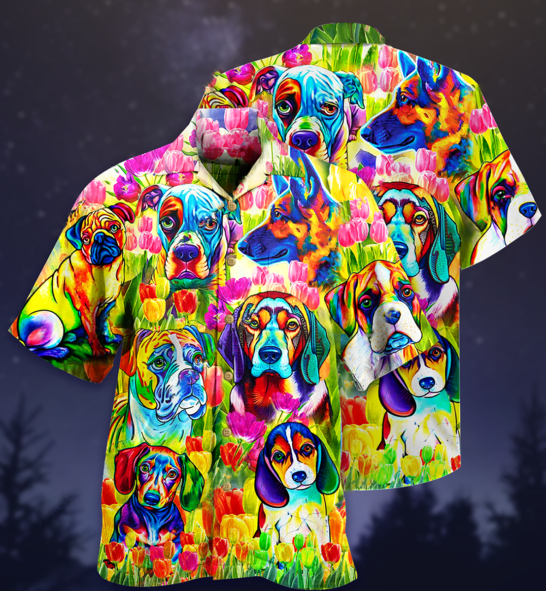 Colorful Dogs Tulips Hawaiian Shirt Artwork Detail For Tropical Trips And Casual Outings