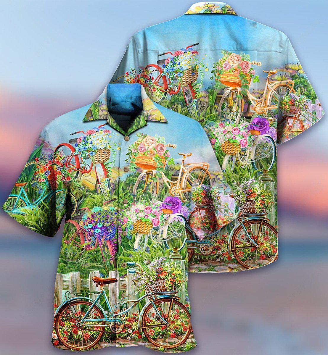 Floral Bicycle Hawaiian Shirt With Detailed Graphic For Coastal Vacations Warm Weather Events And Daily Style