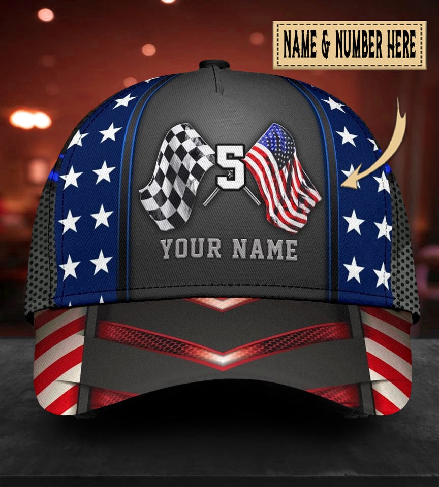 Custom Racing American Flag Name Number Classic Cap For Casual Styling Holiday Travel And Weekend Adventures