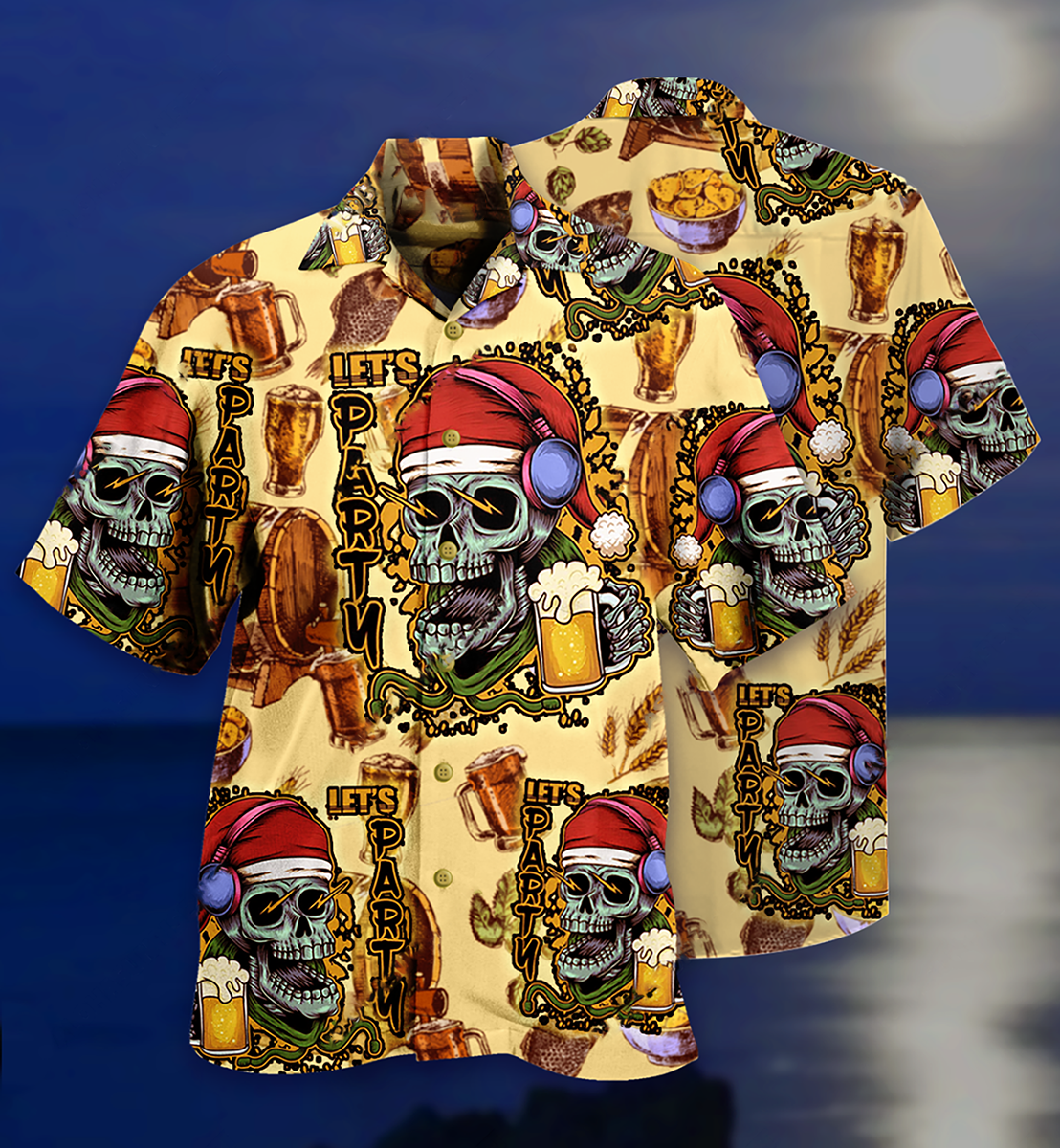 Christmas Skull Hawaiian Shirt With Detailed Graphic For Tropical Travel Beach Gatherings And Comfortable Wear