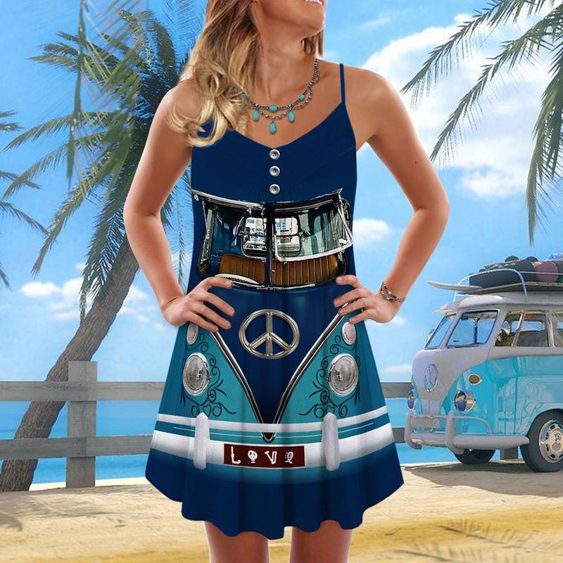 Hippie Van Retro Love V-Neck Sleeveless Cami Dress For Vacations And Artistic Everyday Fashion