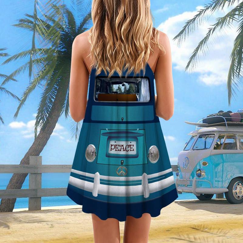Artistic Hippie Van Retro V-Neck Sleeveless Cami Dress For Creative Events And Casual Warm Weather Wear