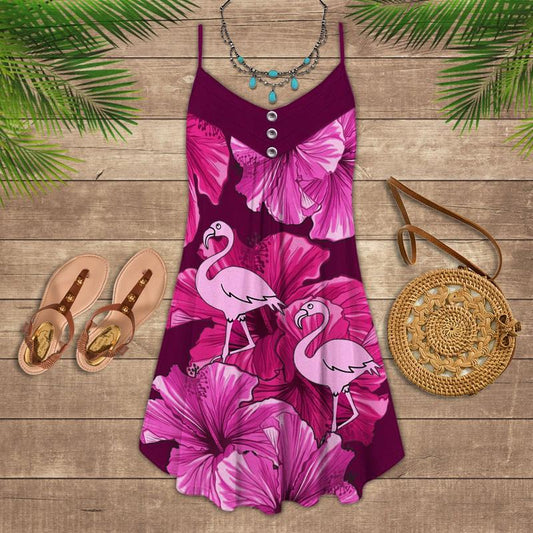 Pink Flamingo Tropical Vibes – Women's Summer Sleeveless V-Neck Camisole Dress