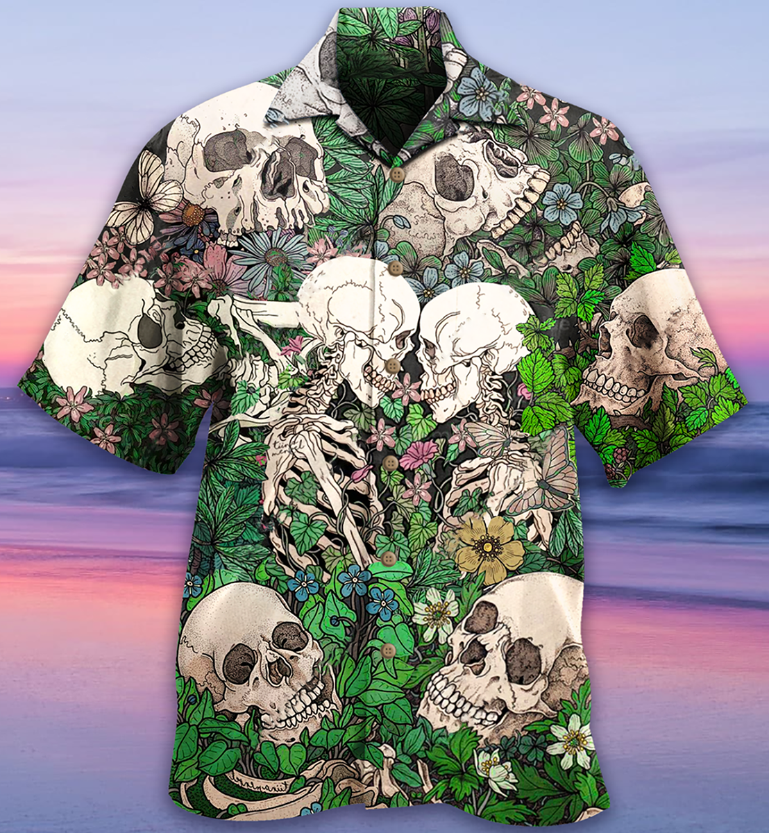 Romantic Skull Couple Hawaiian Shirt With All Over Print For Resort Holidays Beach Travel And Relaxed Casual Fashion