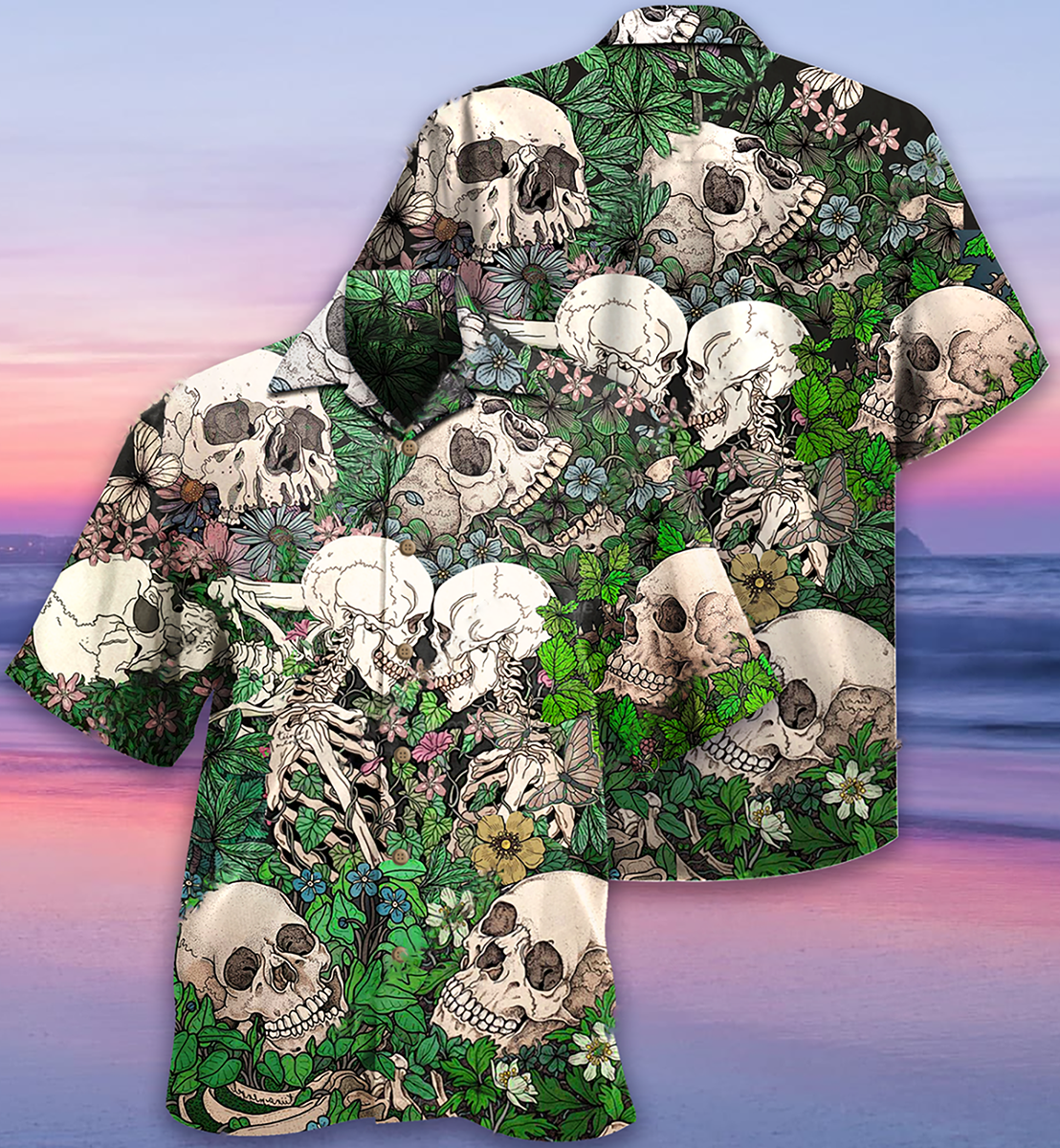 Romantic Skull Couple Hawaiian Shirt With Detailed Graphic For Resort Holidays Beach Travel And Relaxed Casual Fashion