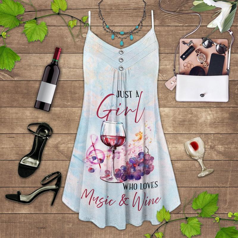Wine And Who Loves Music And Wine V-Neck Sleeveless Cami Dress For Weekend Events And Comfortable Casual Fashion