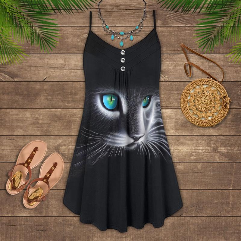 Cats Love V-Neck Sleeveless Cami Dress For Summer Vacations And Casual Everyday Wear