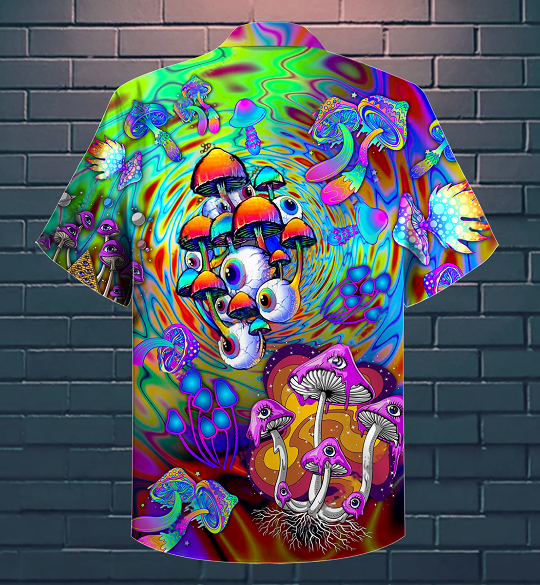Colorful Bohemian Vintage Mushroom Stay Trippy Hawaiian Shirt Pattern View For Lightweight Everyday Style