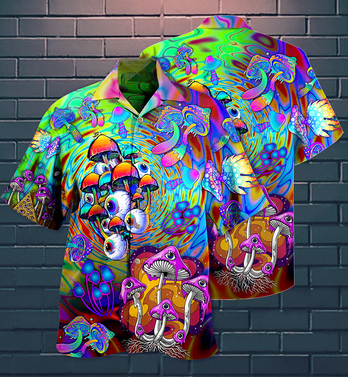 Colorful Bohemian Vintage Mushroom Stay Trippy Hawaiian Shirt Artwork Detail For Tropical Trips And Casual Outings
