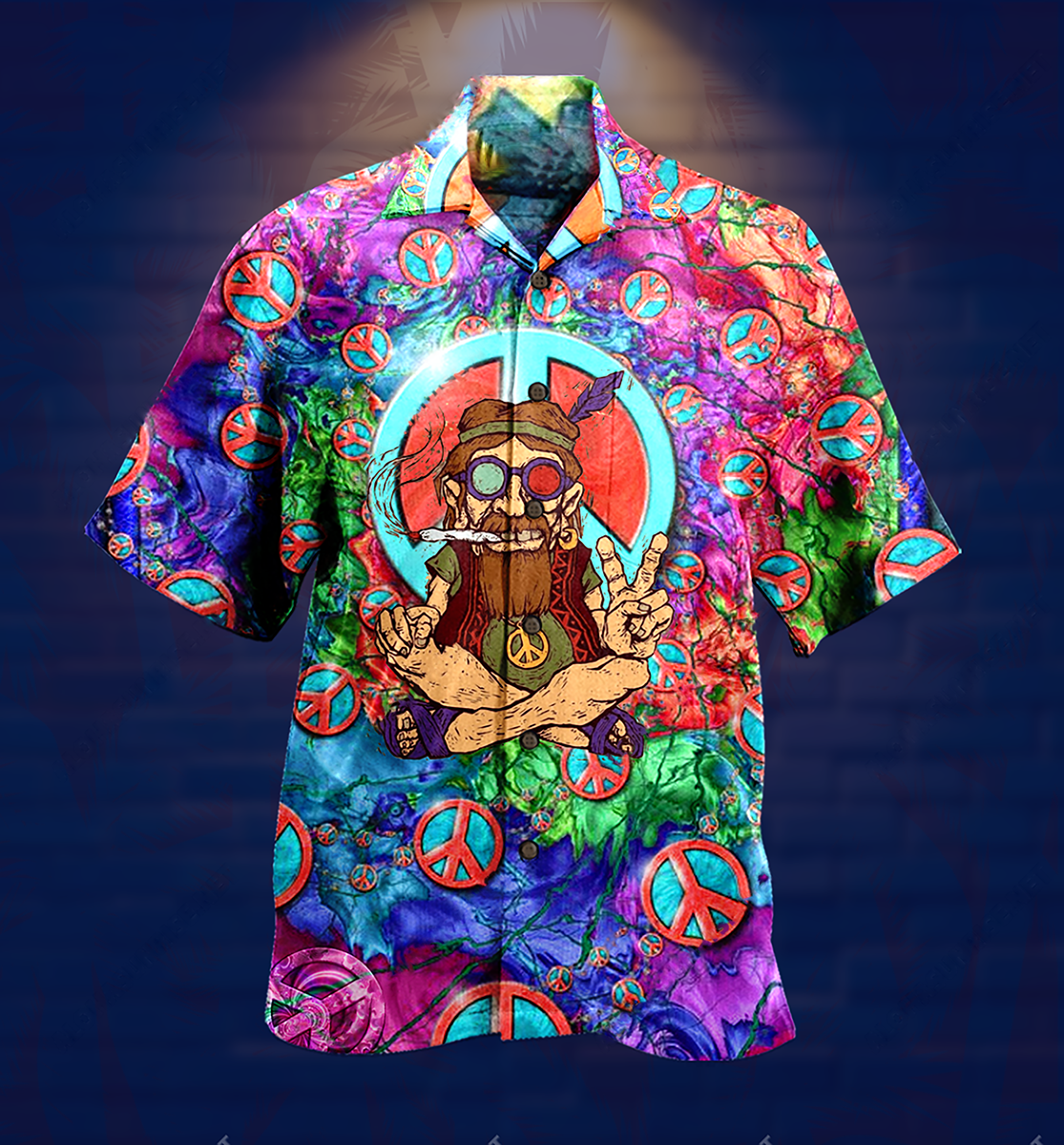 Playful Hippie Peace Hawaiian Shirt With All Over Print For Beach Parties Vacation Travel And Relaxed Casual Style