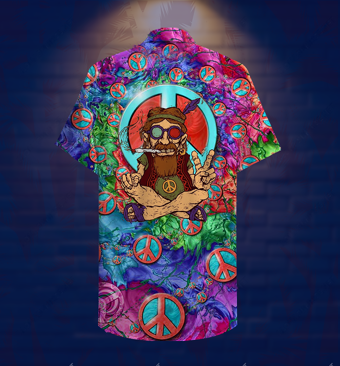 Playful Hippie Peace Hawaiian Shirt With Detailed Graphic For Beach Parties Vacation Travel And Relaxed Casual Style