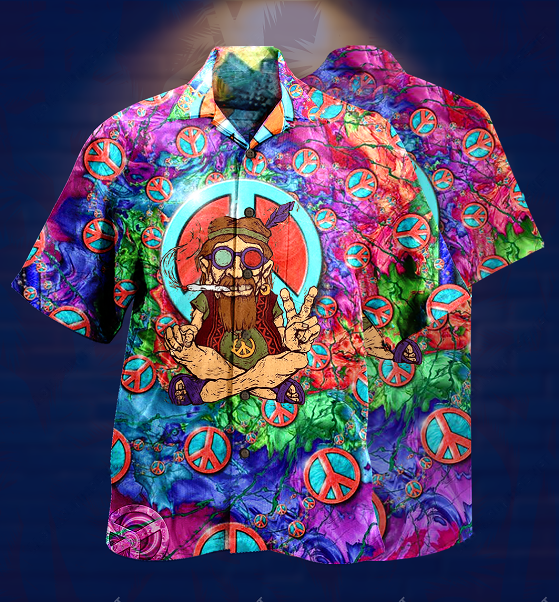 Playful Hippie Peace Hawaiian Shirt For Beach Parties Vacation Travel And Relaxed Casual Style And Resort Style