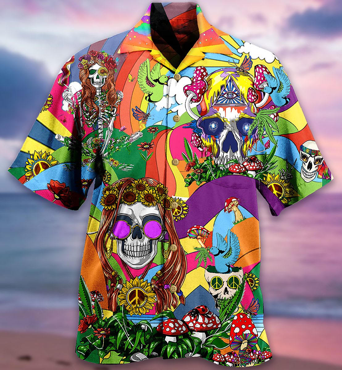 Funny Bohemian Colorful Skull Peace Hawaiian Shirt For Beach Parties And Weekend Getaways