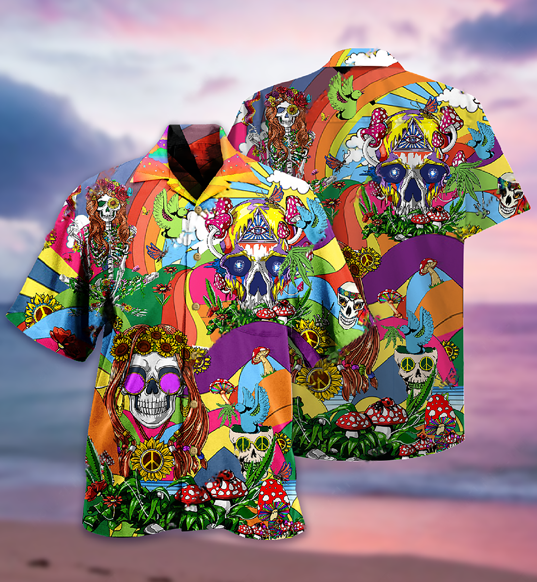 Funny Bohemian Colorful Skull Peace Hawaiian Shirt Pattern Detail For Vacation Travel And Daily Wear