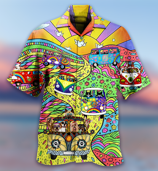 Bohemian Vintage Dogs Cats Bus Hawaiian Shirt For Resort Getaways And Comfortable Summer Activities