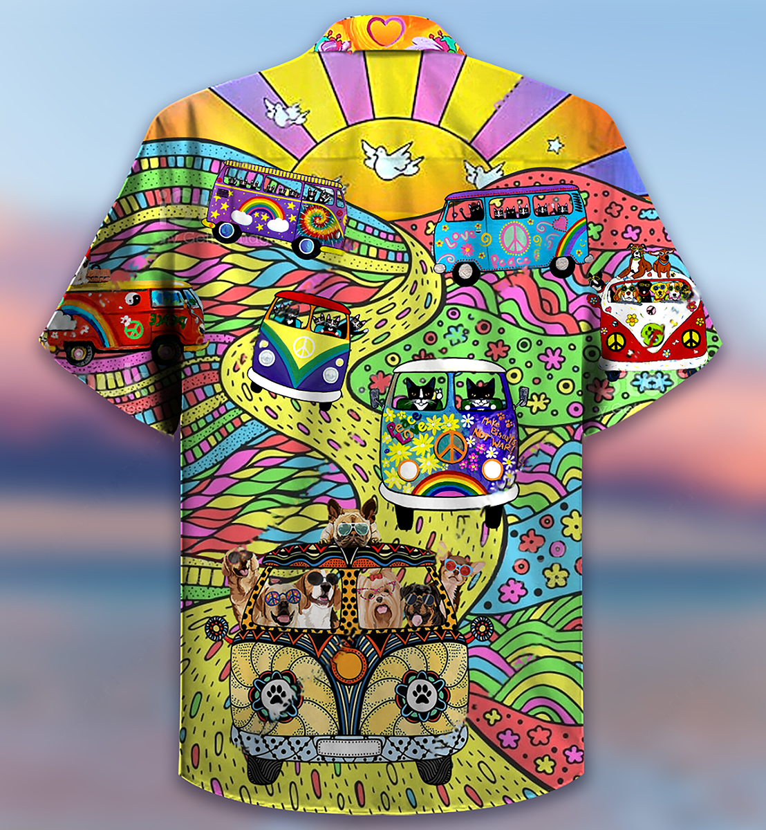 Bohemian Vintage Dogs Cats Bus Hawaiian Shirt For Summer Vacation And Beach Travel