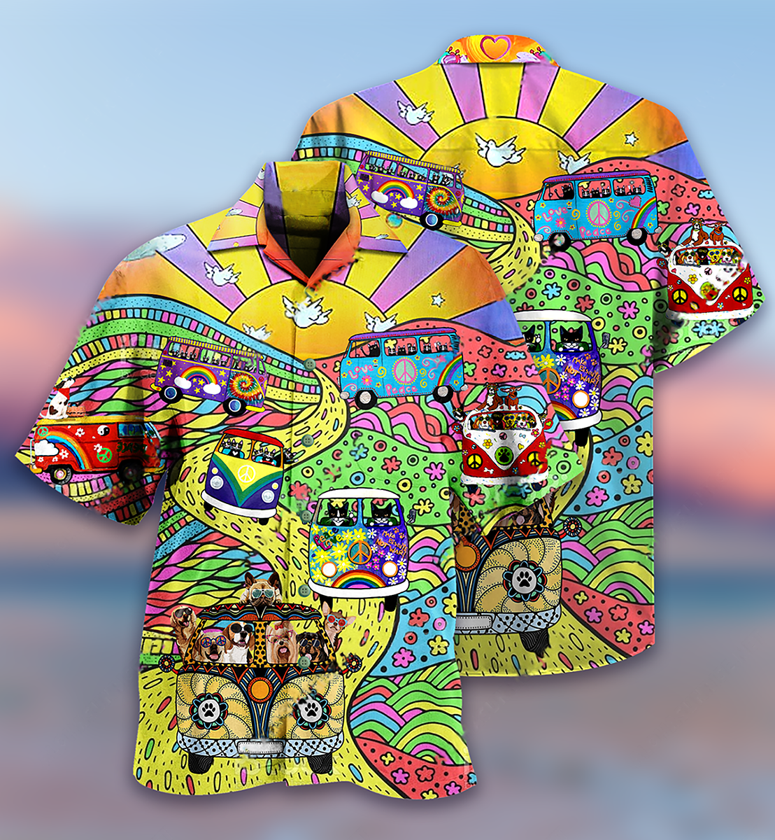 Bohemian Vintage Dogs Cats Bus Hawaiian Shirt Pattern View For Relaxed Warm Weather Outfits