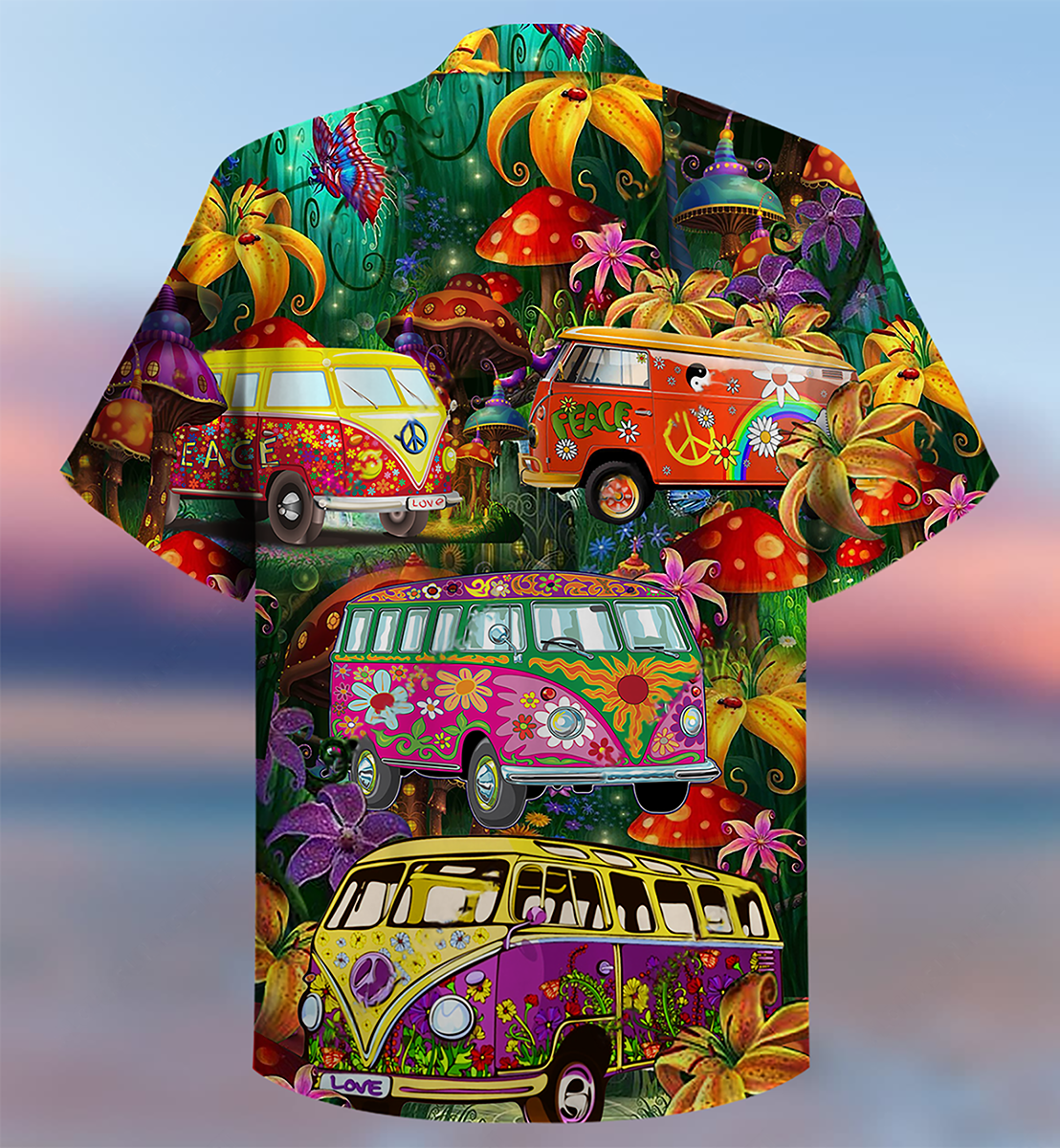 Colorful Bohemian Vintage Bus Peace Hawaiian Shirt Pattern View For Lightweight Everyday Style