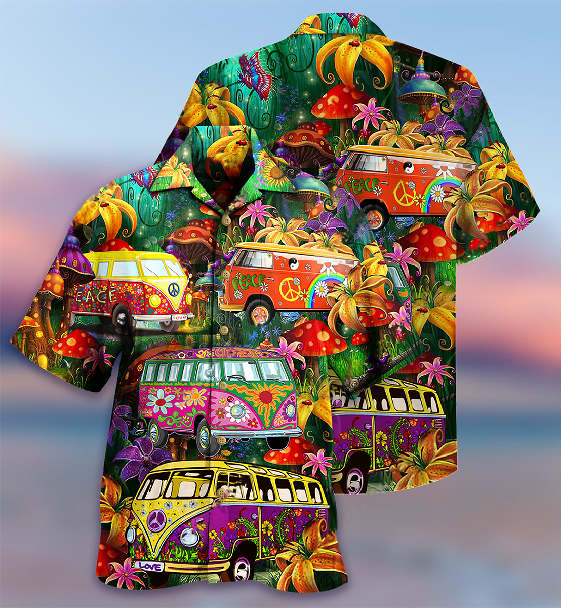 Colorful Bohemian Vintage Bus Peace Hawaiian Shirt Artwork Detail For Tropical Trips And Casual Outings