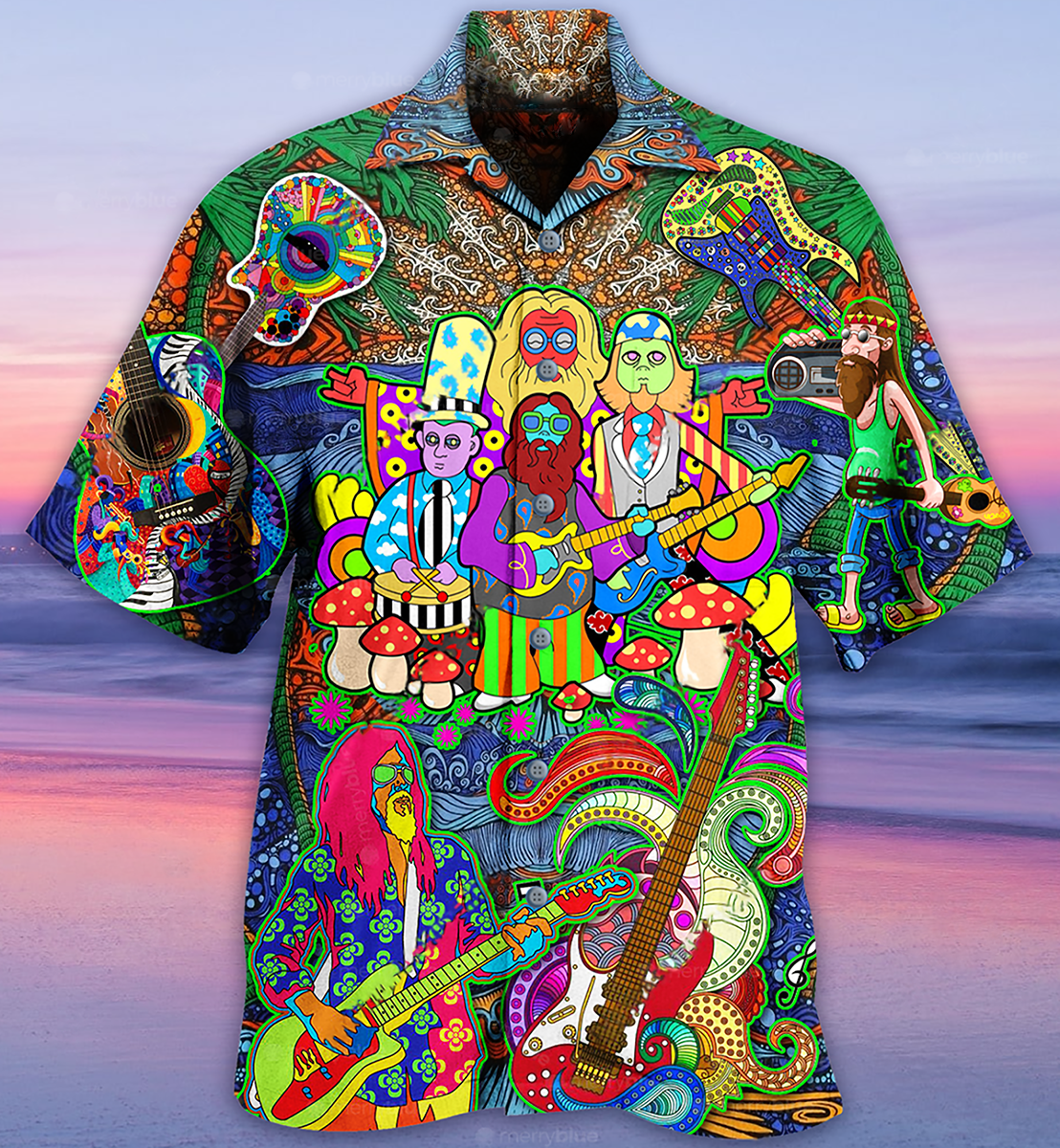 Bohemian Electric Colorful Vintage Music Guitar Hawaiian Shirt For Beach Parties And Weekend Getaways