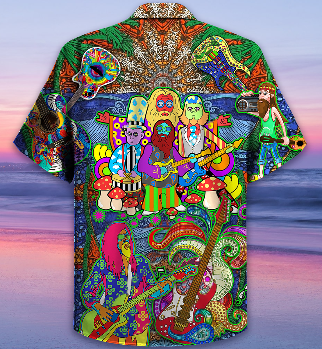 Bohemian Electric Colorful Vintage Music Guitar Hawaiian Shirt Pattern Detail For Vacation Travel And Daily Wear