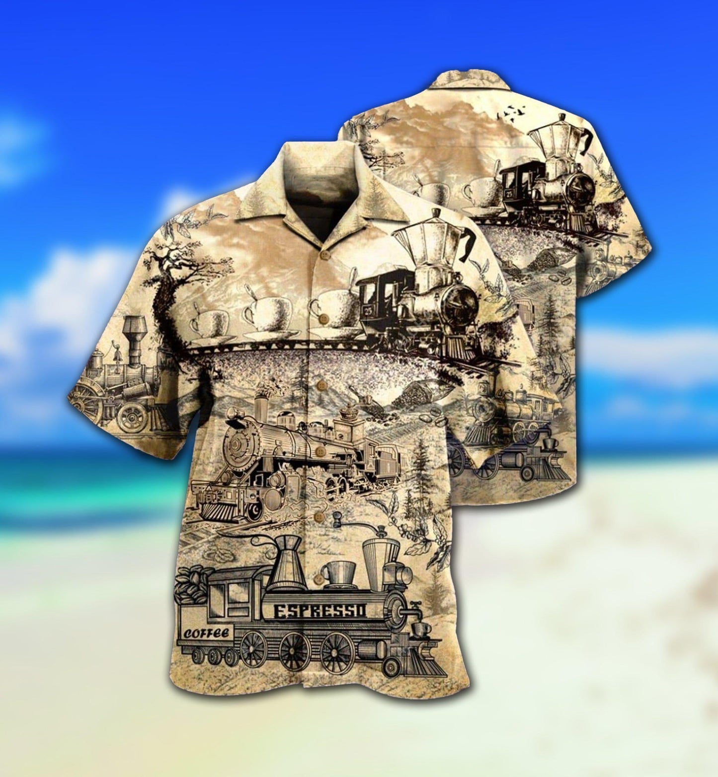 Coffee Train Cup Hawaiian Shirt Design View For Casual Summer Styling