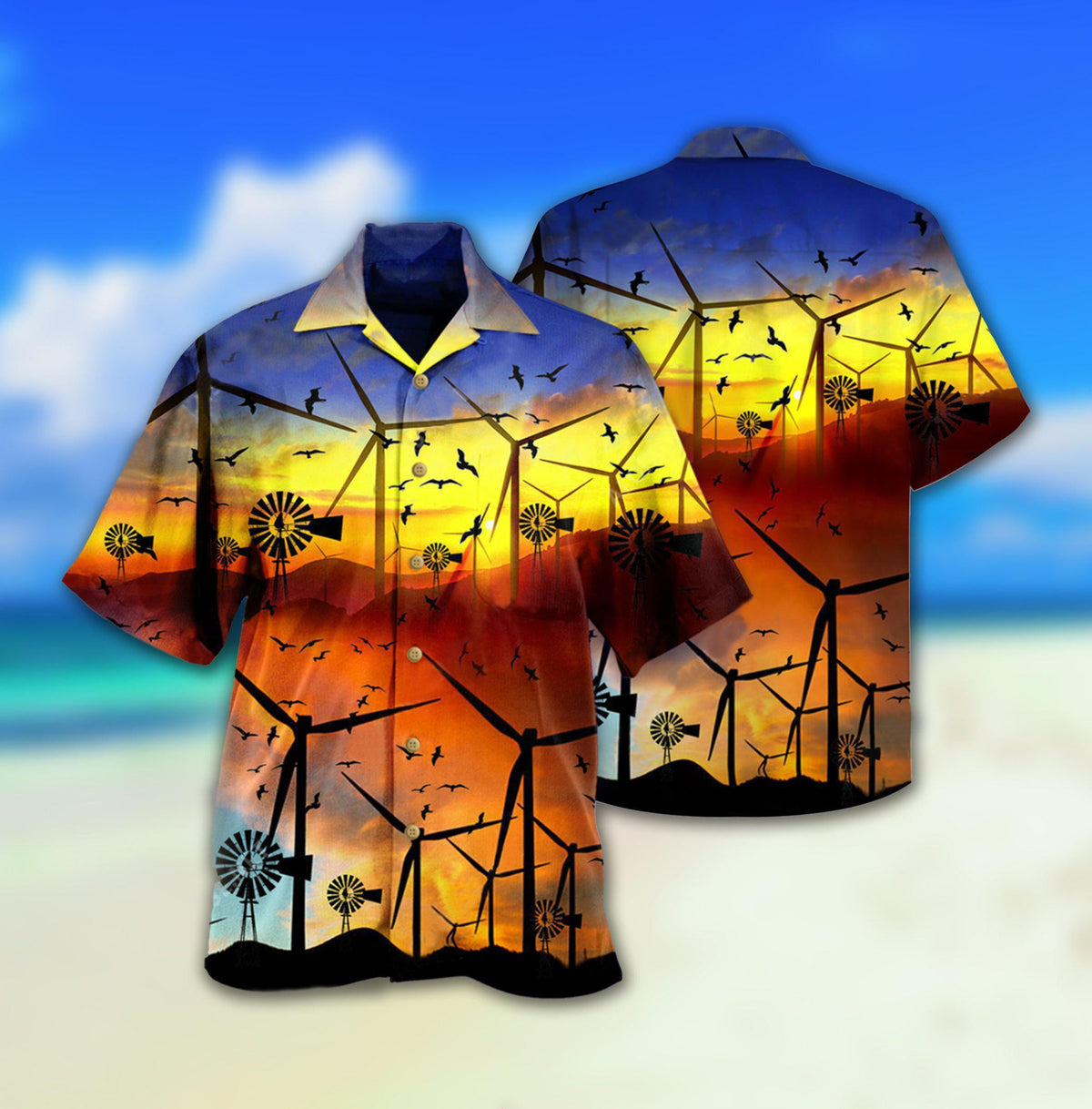 Green Wind Turbine Hawaiian Shirt With All Over Print For Tropical Parties Vacation Travel And Casual Summer Style