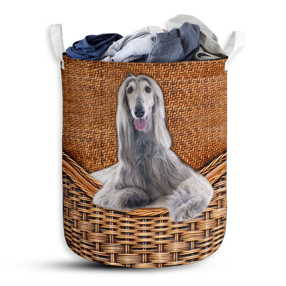 Small Size Afghan Hound Dog Rattan Texture Laundry Basket For Bathroom Bedroom Storage