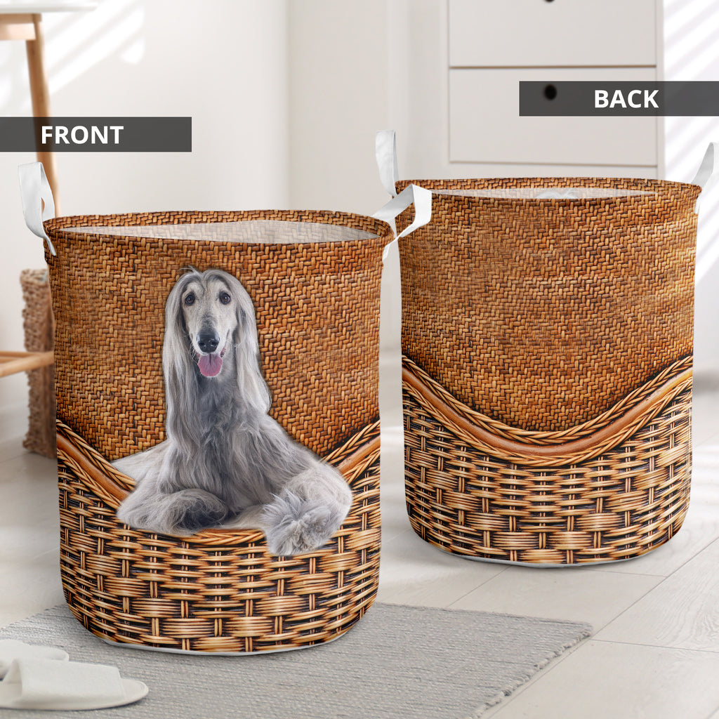 Afghan Hound Dog Rattan Texture Laundry Basket For Room Home Organizer