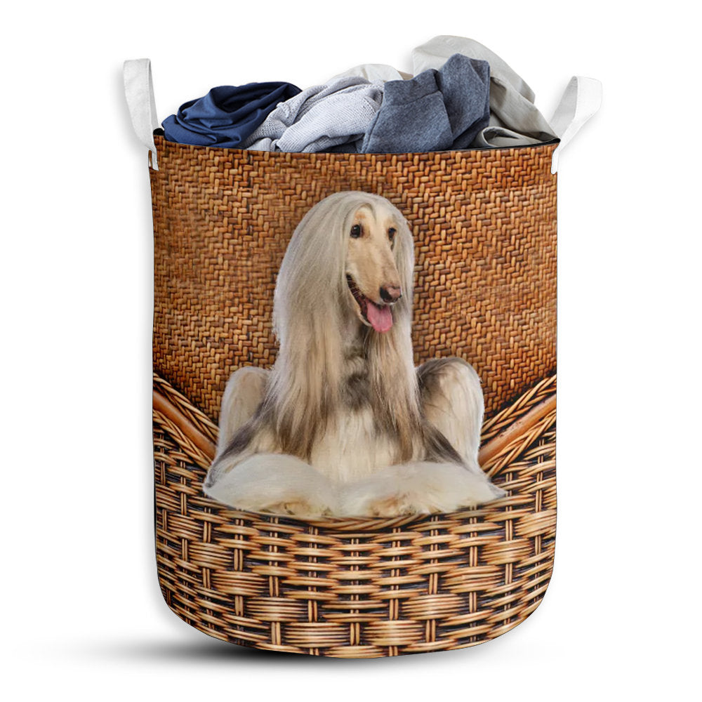 Small Size Afghan Hound Dog Rattan Texture Laundry Basket For Bathroom Bedroom Storage