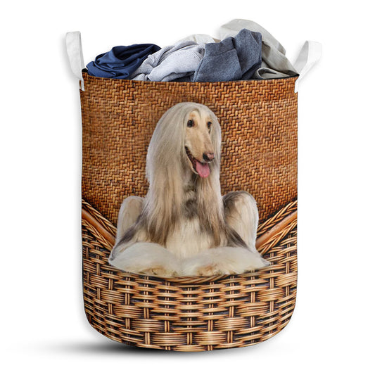 Small Size Afghan Hound Dog Rattan Texture Laundry Basket For Bathroom Bedroom Storage