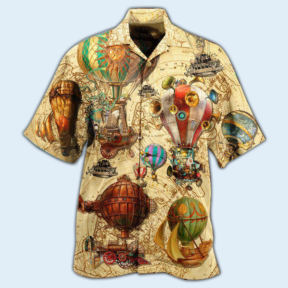 Steampunk Classic Air Balloon Far Hawaiian Shirt Artwork View For Coastal Escapes And Resort Style