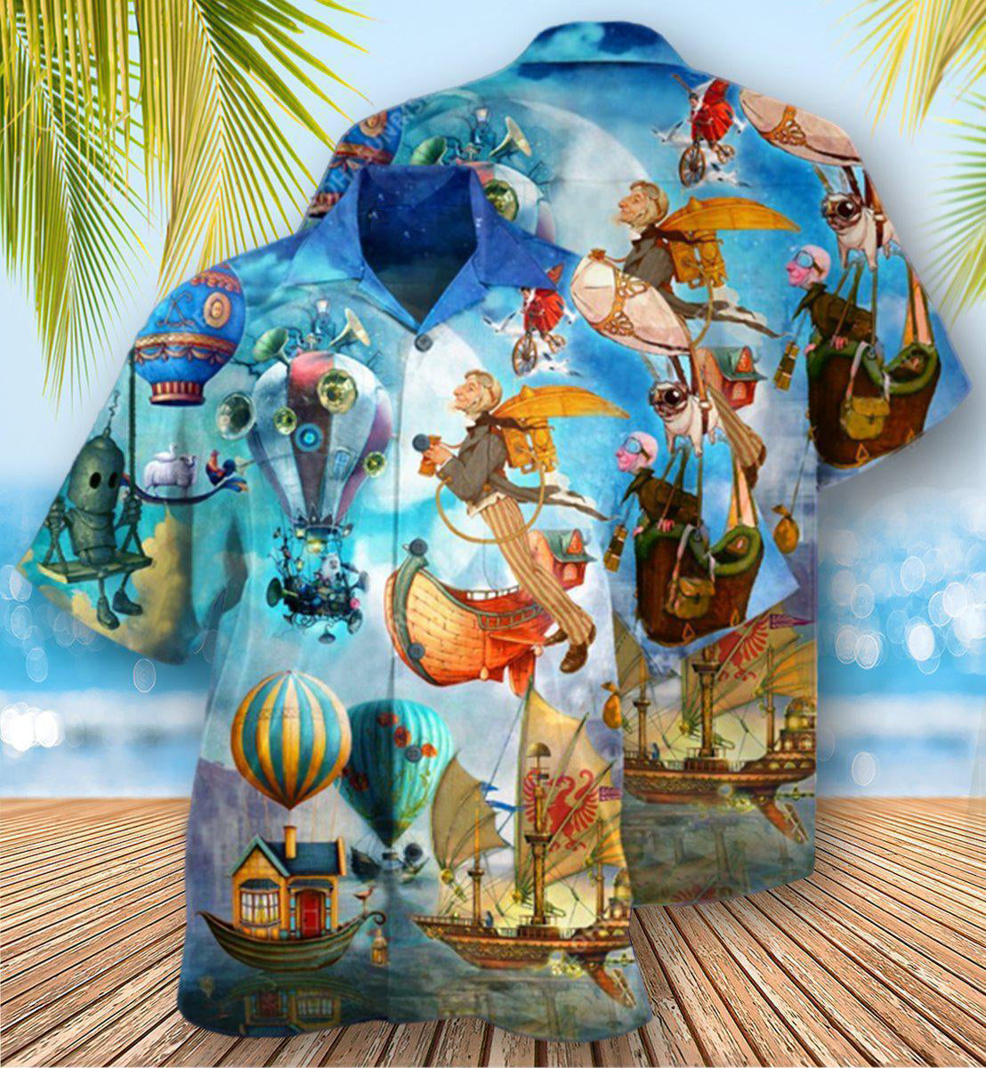 Hot Air Balloon And Steampunk Hawaiian Shirt With Detailed Graphic For Summer Travel Coastal Events And Thoughtful Gift